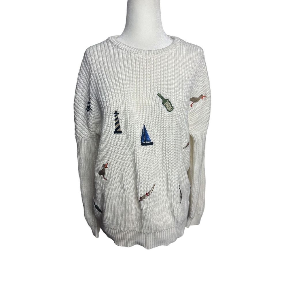 Letroyes Champagne France‎ Beach Coastal Cotton Chunky Knit Embroidered Sweater